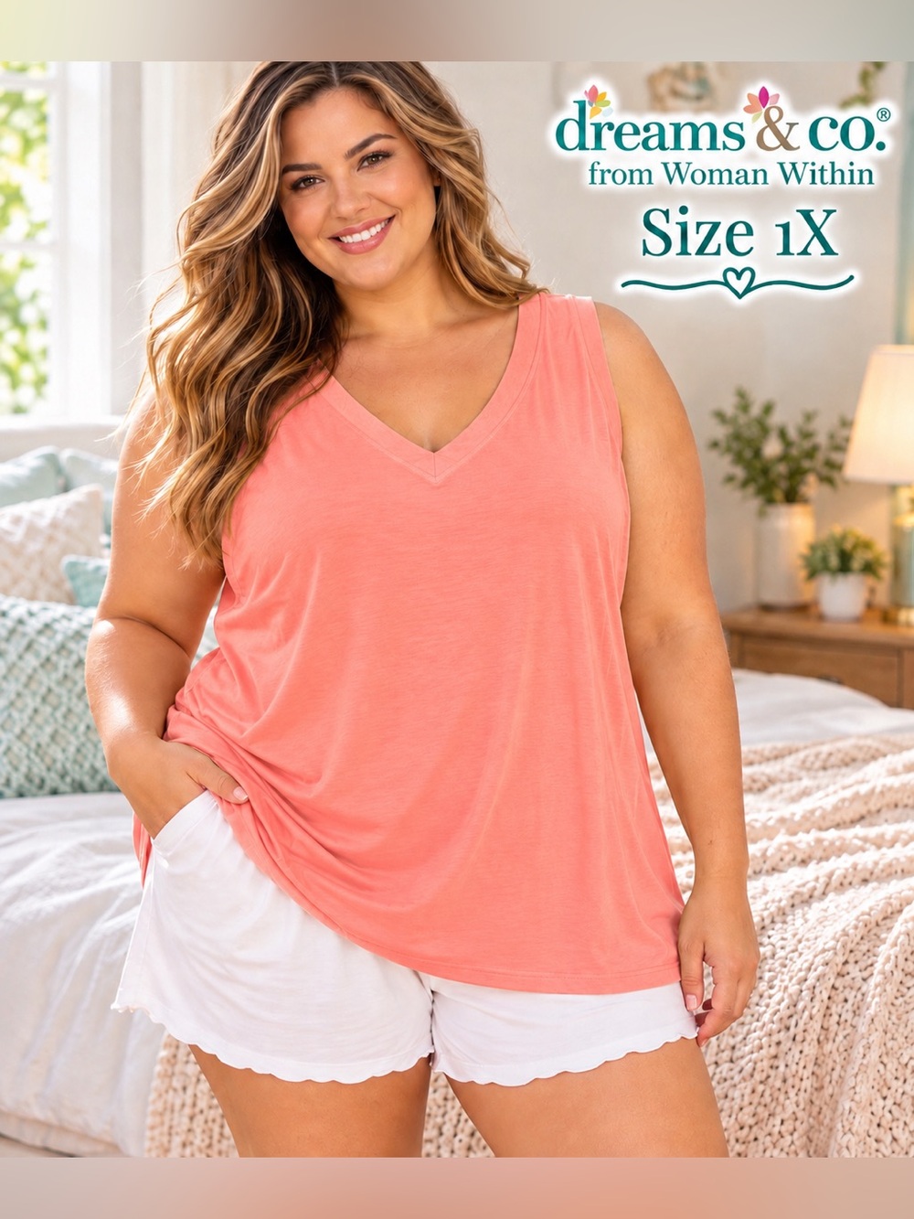 Dreams & Co Woman Within 1X 22/24 Coral V-Neck Sleeveless Sleep Lounge Tank
